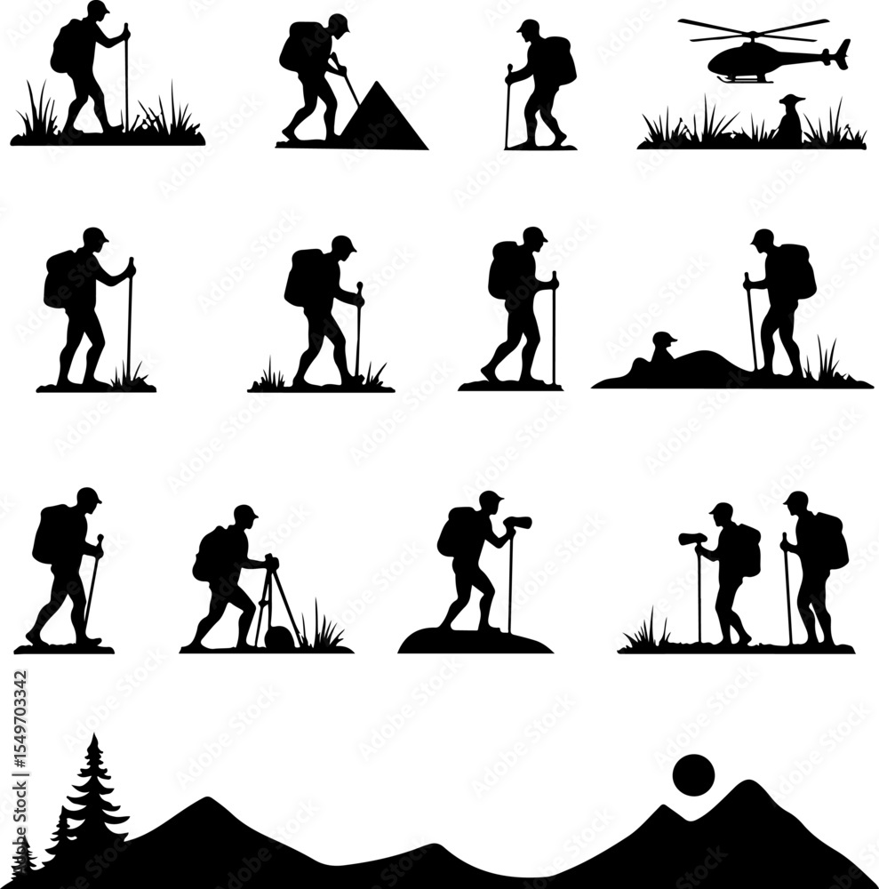 Naklejka premium Hikers Silhouette Standing on Mountain Peak vector