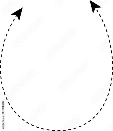 Curved dashed arrow forming a horseshoe shape with split ends pointing in opposite directions.