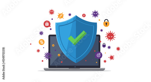 Cybersecurity protection concept with shield and virus icons for digital safety design vector illustration
