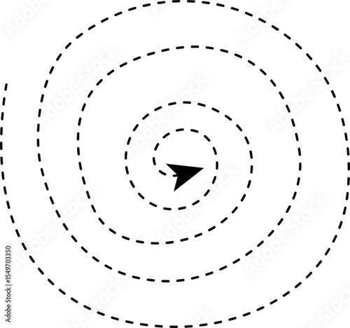 Spiral-shaped dashed arrow curving toward the center.