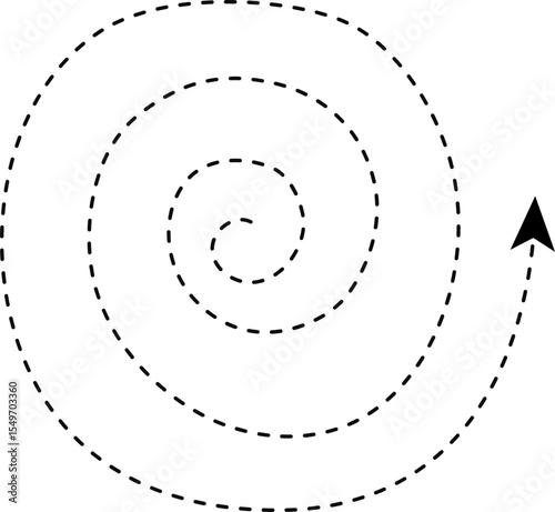Dashed arrow in spiral form radiating outward from a central point.