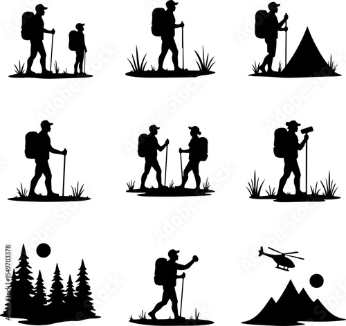 Hikers Silhouette Standing on Mountain Peak vector