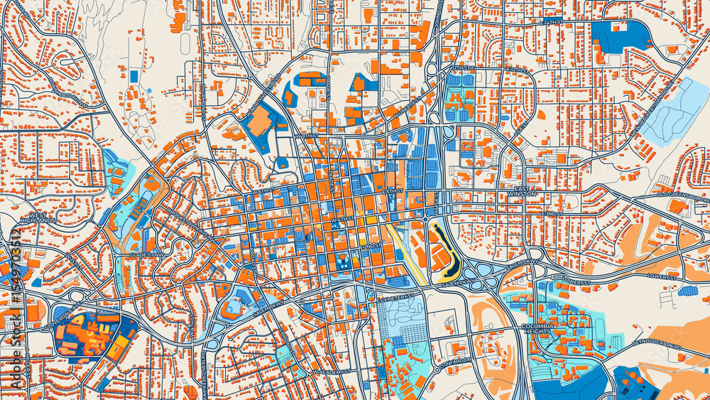 Obraz premium Colorful Winston–Salem Street Map with Labels and Buildings