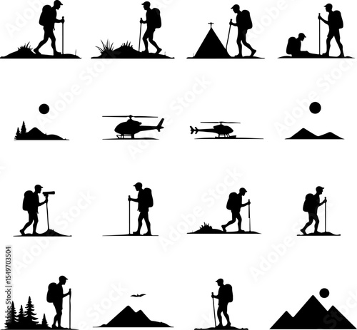 Hikers Silhouette Standing on Mountain Peak vector