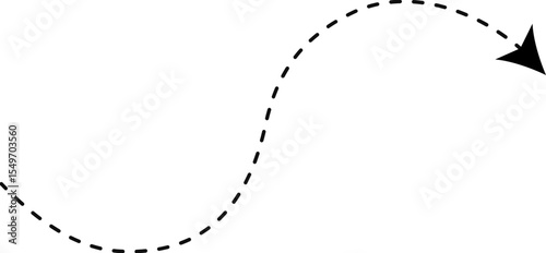 Arrow defined by a smooth curve and uniform dashes along the line.