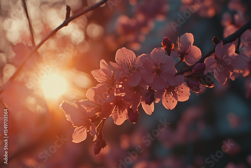 Peach flowers blooming at sunset during spring season