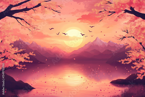 Pink sunset over lake and mountains with falling petals and flying birds