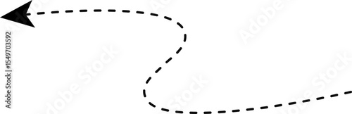 Curved arrow composed of dashes that changes direction mid-path.