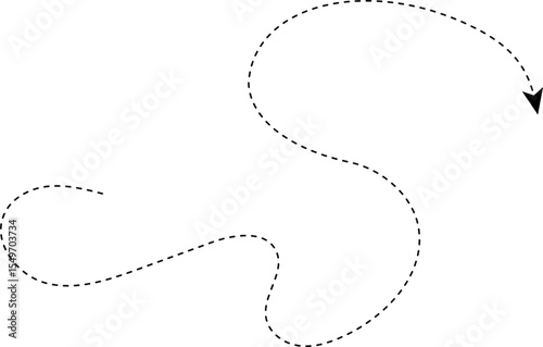 Curved dashed arrow terminating in a tight curl motion.