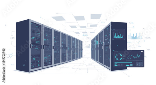 Futuristic data center with digital interface for technology and analytics concepts vector illustration