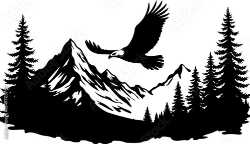 Eagle Flying Over Mountain and Forest Silhouette vector graphics