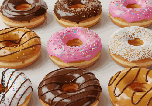 Delicious Assorted Donuts with Colorful Frosting and Toppings – High-Resolution Sweet Treat Collection