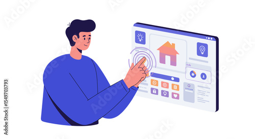 Person using smart home interface on touchscreen for home automation control vector illustration