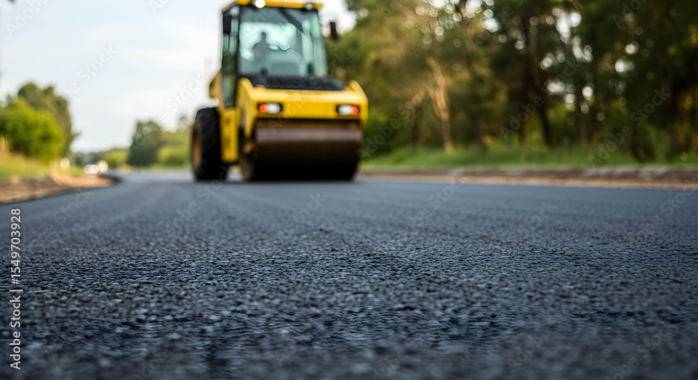 Fototapeta premium Road Construction Asphalt Roller Compactor New Highway Project Infrastructure Development