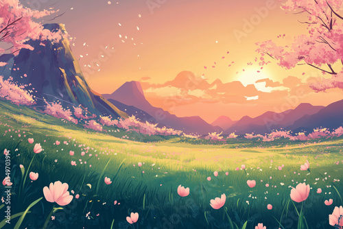 Pink petals falling on a green meadow at sunset
