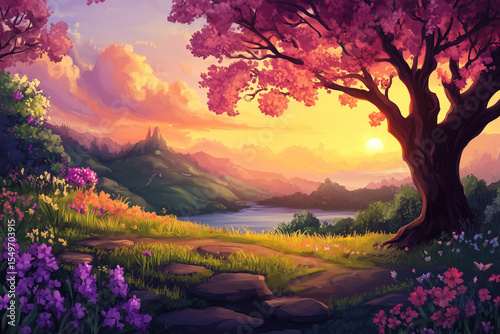 Blooming Tree at Sunset Overlooking a Serene Valley