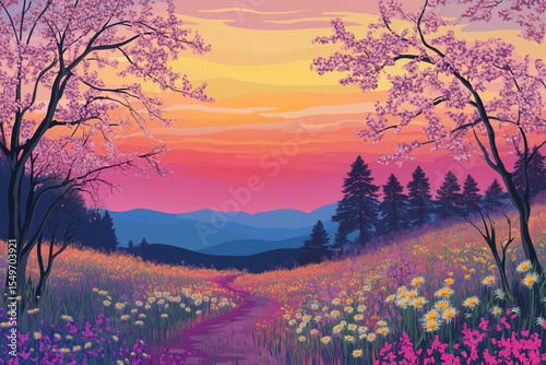Blooming Trees Framing Spring Mountain Landscape at Sunset