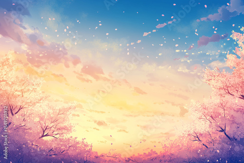 Pink petals falling from cherry blossoms during sunset
