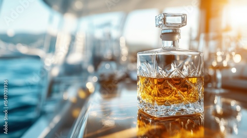 A beautifully designed whiskey decanter filled with amber liquid sits on a luxurious yacht, showcasing elegance, relaxation, and the pleasure of fine beverages on water.