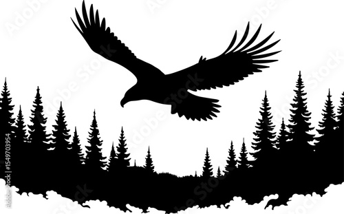 Eagle Flying Over Mountain and Forest Silhouette vector graphics