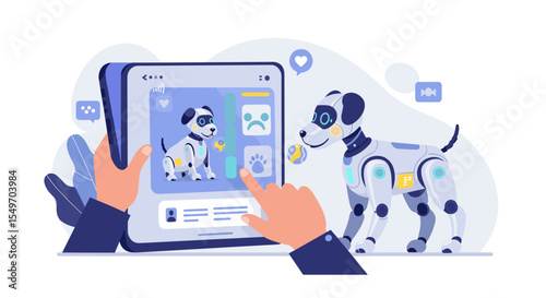 Exploring futuristic robotics with interactive robot dog and tablet interface for technology innovation design vector illustration