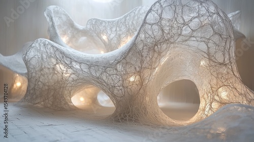 Abstract, organic forms constructed from a network of delicate threads.