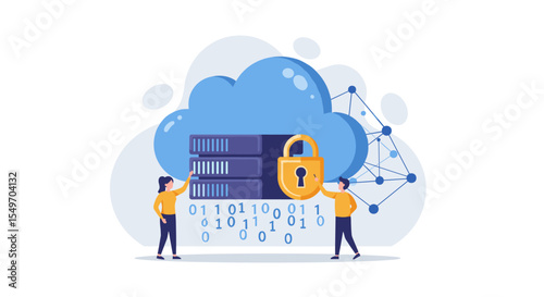 Cloud data security concept with lock and servers for network protection design vector illustration