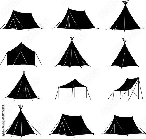 Camping Tent and Fire Icon Vector budnle