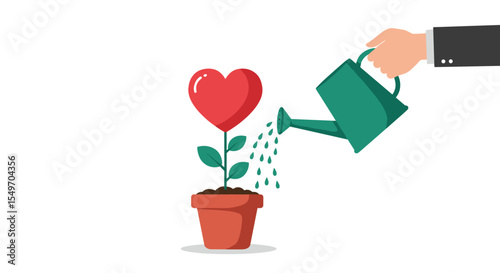 Love and growth concept illustration with heart shaped plant and watering can for design projects vector illustration