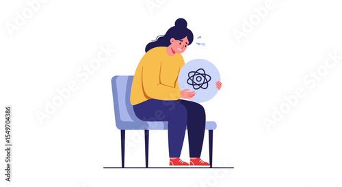 Woman experiencing anxiety holding atom symbol illustration for mental health awareness vector illustration