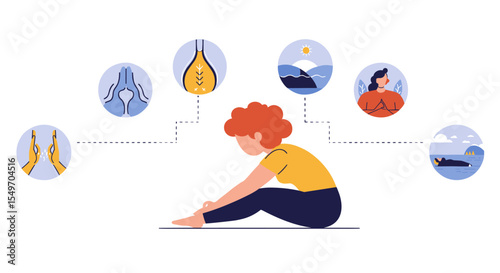 Wellness journey through yoga and meditation with nature connection for mindfulness practice vector illustration