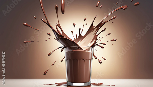 3D chocolate milk splash in glass, showing freshness, energy, and delicious drink concept in realistic style.