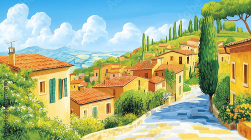 Idyllic Italian village nestled on a picturesque hillside overlooking rolling hills on a sunny day
