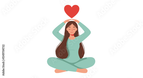 Peaceful meditation for mindfulness and self-care with heart symbol vector illustration