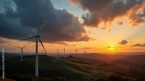 A wind farm on rolling hills at sunset with dark clouds, turbines, and scattered rural vegetation in the foreground.