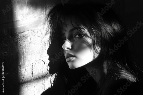 Young woman posing in the shadows with light and shadow on her face