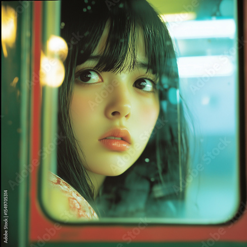 Young japanese woman looking out train window during a rainy day