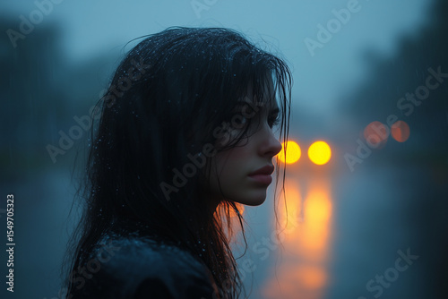 Young woman getting wet in the rain at twilight