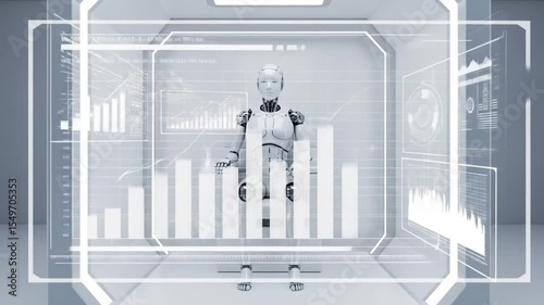 A futuristic robot stands within a data-filled digital interface, analyzing information.