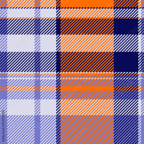 Vibrant orange, blue, and purple plaid pattern.  Perfect for textile design, fashion, or website backgrounds. This seamless texture offers a bold, stylish aesthetic, conveying warmth and energy.