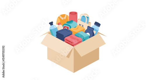 Essential supplies box vector illustration for donation or emergency preparedness design
