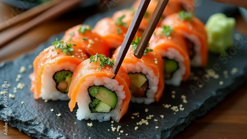 A colorful plate of assorted sushi rolls with salmon, avocado, and garnishes, served on a slate with chopsticks and wasabi.