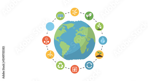 Eco-friendly earth with renewable energy and sustainable practices icons vector illustration