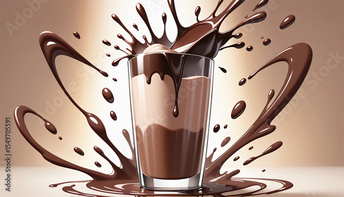 3D chocolate milk splash in glass, showing freshness, energy, and delicious drink concept in realistic style.