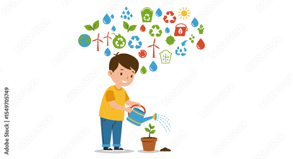 Eco-friendly gardening: child learning sustainability through watering plants vector illustration Eco-friendly gardening: child learning sustainability through watering plants vector illustration