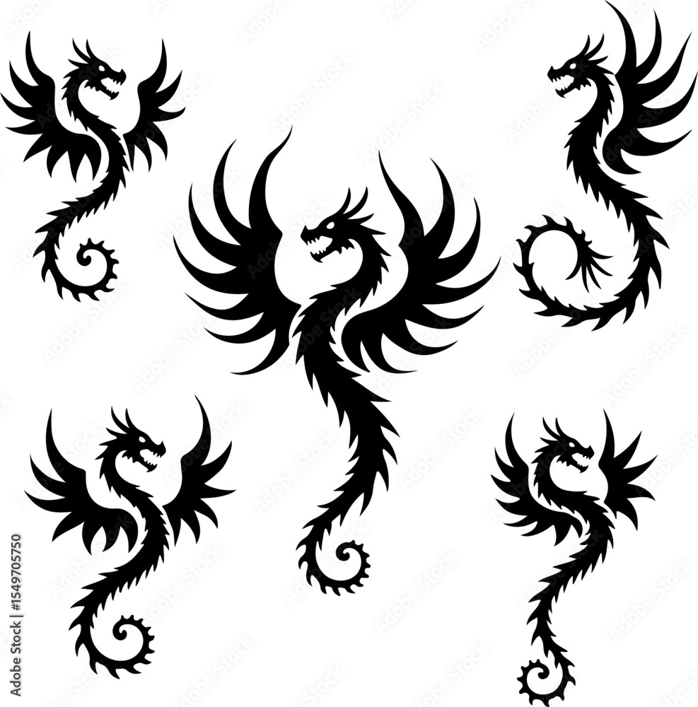 Naklejka premium Fantasy Dragon Silhouettes Collection vector bundle