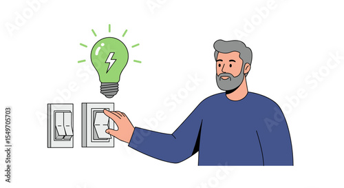 Energy conservation concept with man turning off light switch for eco-friendly living design vector illustration