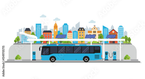 Sustainable urban transportation concept with electric bus and cityscape design for eco-friendly future vector illustration