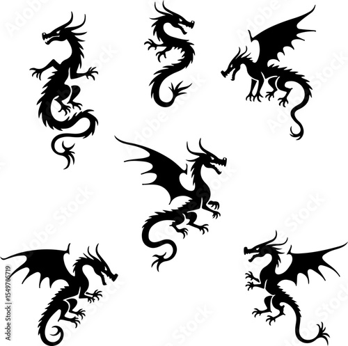 Fantasy Dragon Silhouettes Collection vector bundle