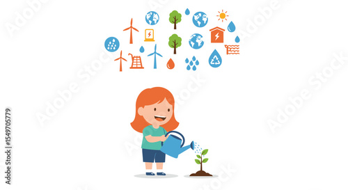 Child engaging in eco-friendly activities with renewable energy and conservation icons vector illustration